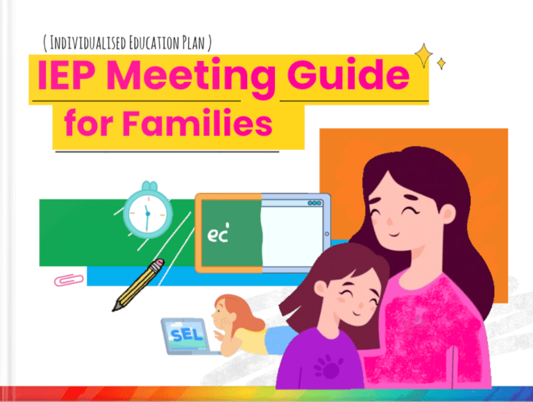 Illustrated cover of the "IEP Meeting Guide for Families" featuring a smiling parent and child embracing, surrounded by school-related graphics like a pencil, clock, computer screen, and SEL (social-emotional learning) icons. The title is bold and colorful, emphasizing support for families in understanding the Individualized Education Plan (IEP) process.